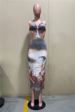 Multicolor Fashion Sexy Print Backless Strap Design Halter Sleeveless Dress