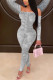 Grey Fashion Sexy Print Milk. Long Sleeve Wrapped Jumpsuits