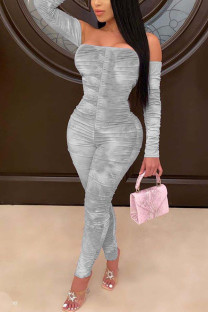 Grey Fashion Sexy Print Milk. Long Sleeve Wrapped Jumpsuits