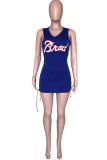 Dark Blue adult Sexy Fashion Ma'am Tank Sleeveless V Neck Pencil Dress Mini Character Print hollow o