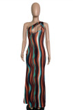 Multi-color Fashion Sexy Print Hollowed Out Backless One Shoulder Sleeveless Dress