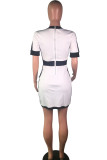 White Polyester OL Cap Sleeve Short Sleeves V Neck Step Skirt Knee-Length chain Solid Patchwork Club Dres