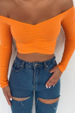 White Red Black Blue Pink Orange One word collar Long Sleeve Solid Tops