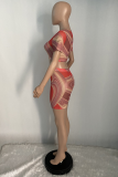 Red Sexy Print Mesh O Neck Short Sleeve Two Pieces