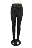 Black Fashion Casual Solid Fold Regular Mid Waist Trousers