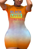 Black Fashion adult OL Black Orange Cap Sleeve Short Sleeves O neck cake dress Mini Print Patchwork Character Ombre Dresses