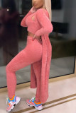 Pink Fashion Casual Solid Basic U Neck Long Sleeve Three-piece Set