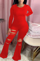Red Fashion Sexy Hole Solid Polyester Long Sleeve O Neck Jumpsuits