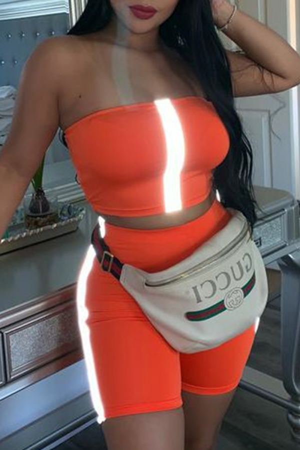 Tangerine Sexy Solid Patchwork Off the Shoulder Sleeveless Two Pieces