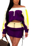 purple Polyester Fashion adult Ma'am Street Geometric Patchwork Two Piece Suits A-line skirt Long Sleeve Two Pieces