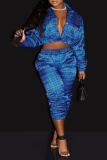 Deep Blue Casual Plaid Patchwork Turndown Collar Long Sleeve Two Pieces