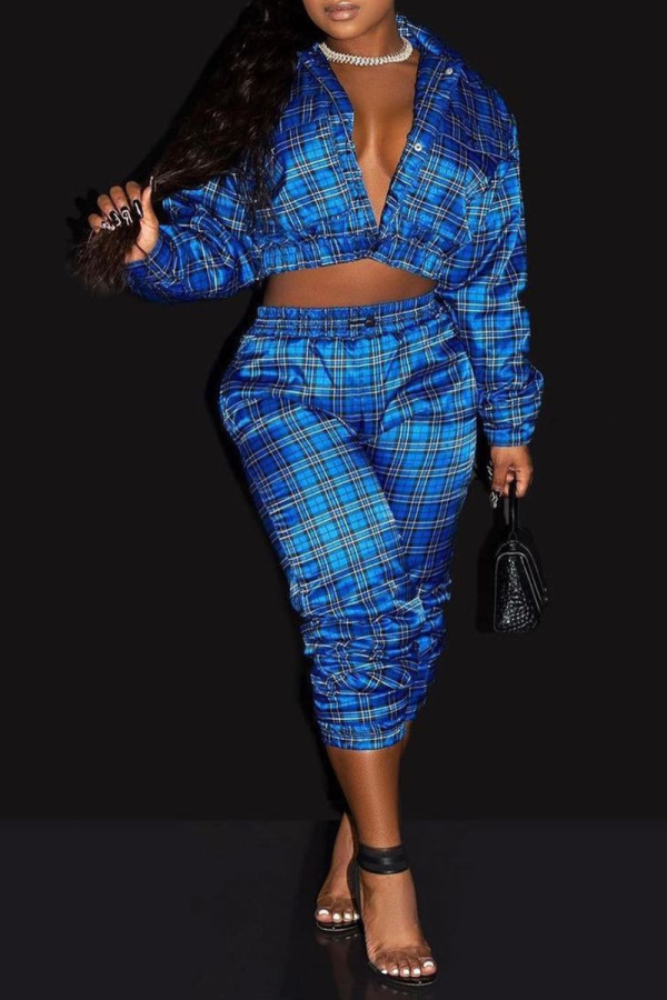 Deep Blue Casual Plaid Patchwork Turndown Collar Long Sleeve Two Pieces