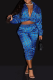 Deep Blue Casual Plaid Patchwork Turndown Collar Long Sleeve Two Pieces
