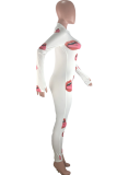 Red Casual Print Patchwork Zipper Collar Skinny Jumpsuits