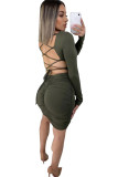 Army Green Milk. Sexy Cap Sleeve Long Sleeves O neck Step Skirt skirt backless Solid Draped 