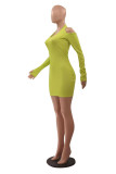 Fluorescent Yellow Fashion Sexy Solid Backless Halter Long Sleeve Dresses