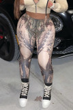 Grey Casual Print Regular Mid Waist Pencil Bottoms