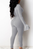 Grey Sexy Polyester Solid Bandage Split Joint O Neck Jumpsuits