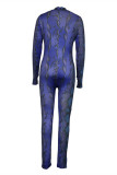 Blue Fashion Casual Print Basic O Neck Skinny Jumpsuits