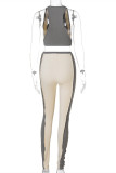 Khaki Sexy Casual Patchwork Backless V Neck Sleeveless Two Pieces