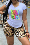 White Fashion Casual Letter Print Basic O Neck Tops