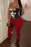 Red Casual Plaid Patchwork Skinny Mid Waist Pencil Patchwork Bottoms