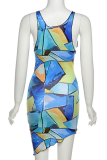 Blue Sexy Print Patchwork V Neck Irregular Dress Dresses