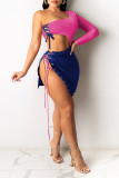 Pink Fashion Sexy Patchwork Backless Strap Design One Shoulder Long Sleeve Dresses