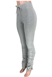 Grey Button Fly Sleeveless High Patchwork Split Solid Draped Boot Cut Pants