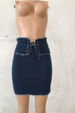 Blue Denim Drawstring High Solid Hip skirt Bottoms