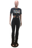 Red Fashion Casual Letter Print Fold O Neck Short Sleeve Two Pieces
