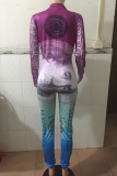 Blue Sexy Print Patchwork Zipper Collar Skinny Jumpsuits