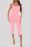 Pink Sexy Casual Solid Backless Square Collar Skinny Romper