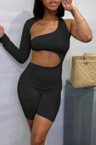 Black Sexy Solid Hollowed Out One Shoulder Skinny Jumpsuits