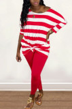 Red Fashion Casual Striped Print Basic O Neck Plus Size Set