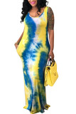 Yellow Polyester Fashion Sexy adult Green Yellow watermelon red Tank Sleeveless Slip Swagger Ankle-Length Print Patchwork Tie and dye Dresses