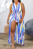 Blue Sexy Striped Draw String V Neck Sleeveless Two Pieces