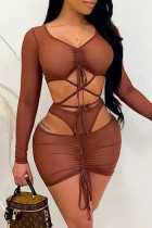 Dark Brown Fashion Sexy Solid Hollowed Out Strap Design V Neck Long Sleeve Two Pieces