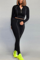Black Fashion Casual Adult Polyester Solid Split Joint O Neck Long Sleeve Regular Sleeve Short Two Pieces