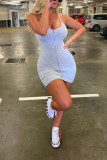Grey Sexy Grey Spaghetti Strap Sleeveless Slip Step Skirt Mini Solid chain Dresses