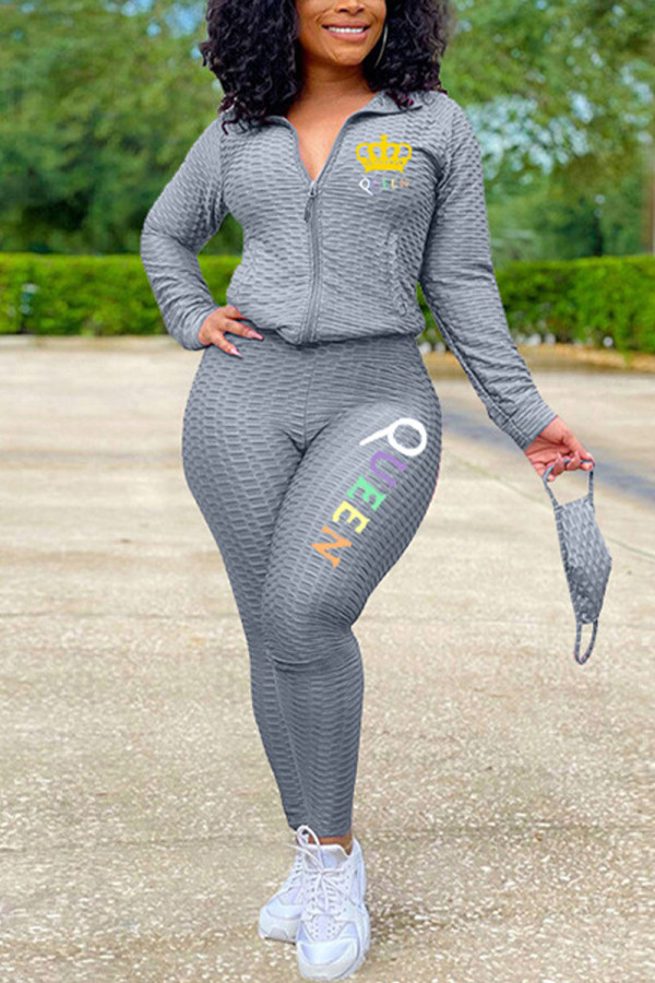 Grey Casual Print Zipper Collar Long Sleeve Two Pieces