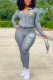 Grey Casual Print Zipper Collar Long Sleeve Two Pieces