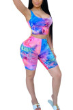 Blue Polyester Fashion Casual adult Ma'am O Neck Print Tie Dye Two Piece Suits Stitching Plus Size