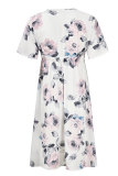 White Sexy Fashion Cap Sleeve Short Sleeves V Neck A-Line Knee-Length Patchwork Print
