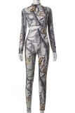 Grey Sexy Print Hollowed Out Turtleneck Long Sleeve Two Pieces