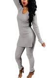 Grey Elastic Fly High Solid pencil Pants Two-piece suit