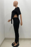 Red Fashion Casual Solid Slit Asymmetrical O Neck Short Sleeve Two Pieces