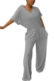 Grey Fashion Casual Solid Polyester Short Sleeve O Neck Jumpsuits
