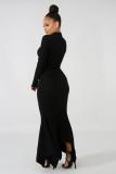 Black Polyester Street Fashion adult Cap Sleeve Long Sleeves Mandarin Collar Asymmetrical Floor-Length Pat