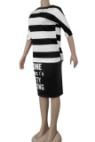 Black Cotton Fashion Casual adult Ma'am Striped Print Two Piece Suits Straight Half Sleeve Two Pieces